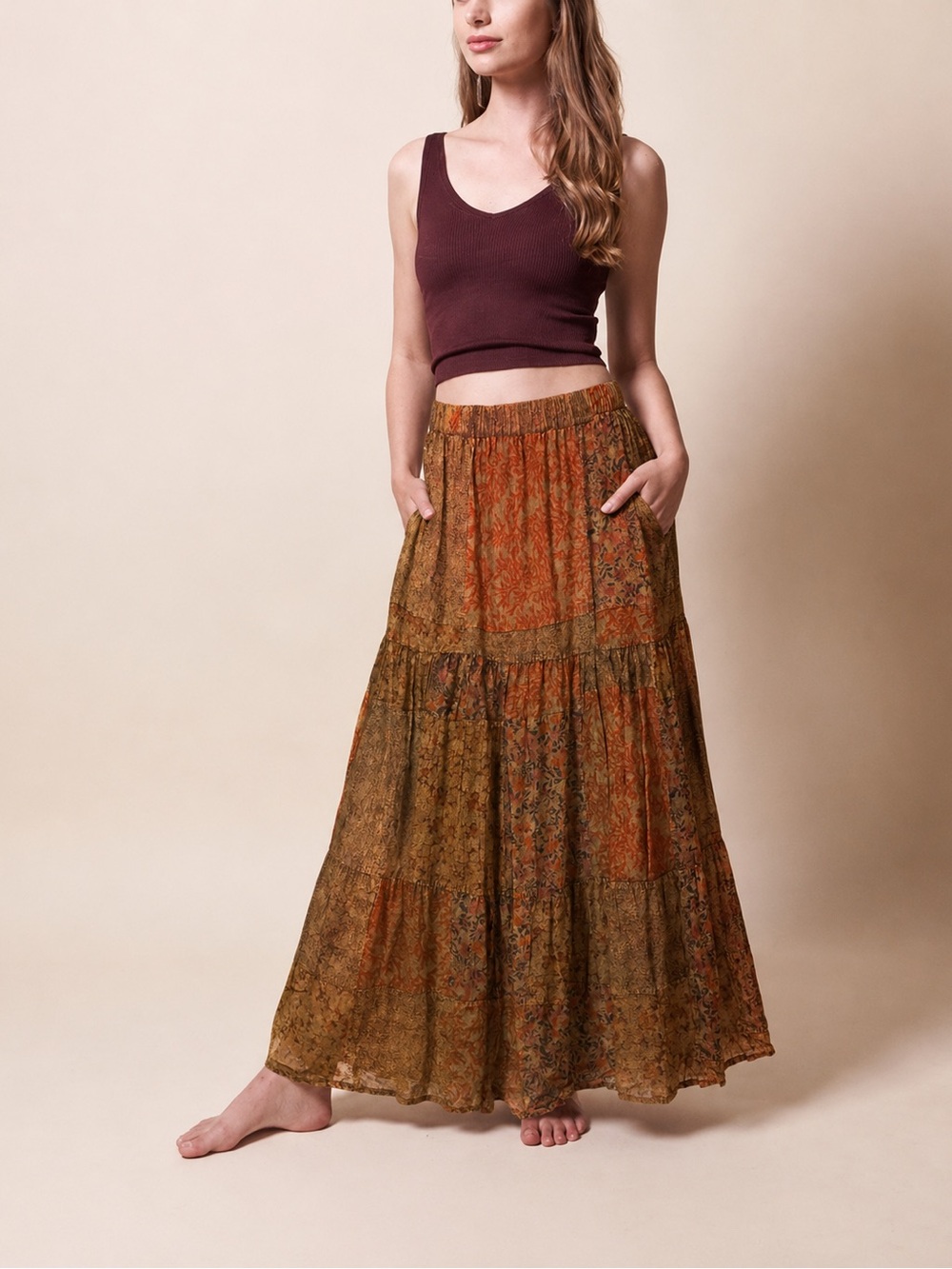 EARTHBOUND Orange and Brown Floral Tiered Maxi Skirt